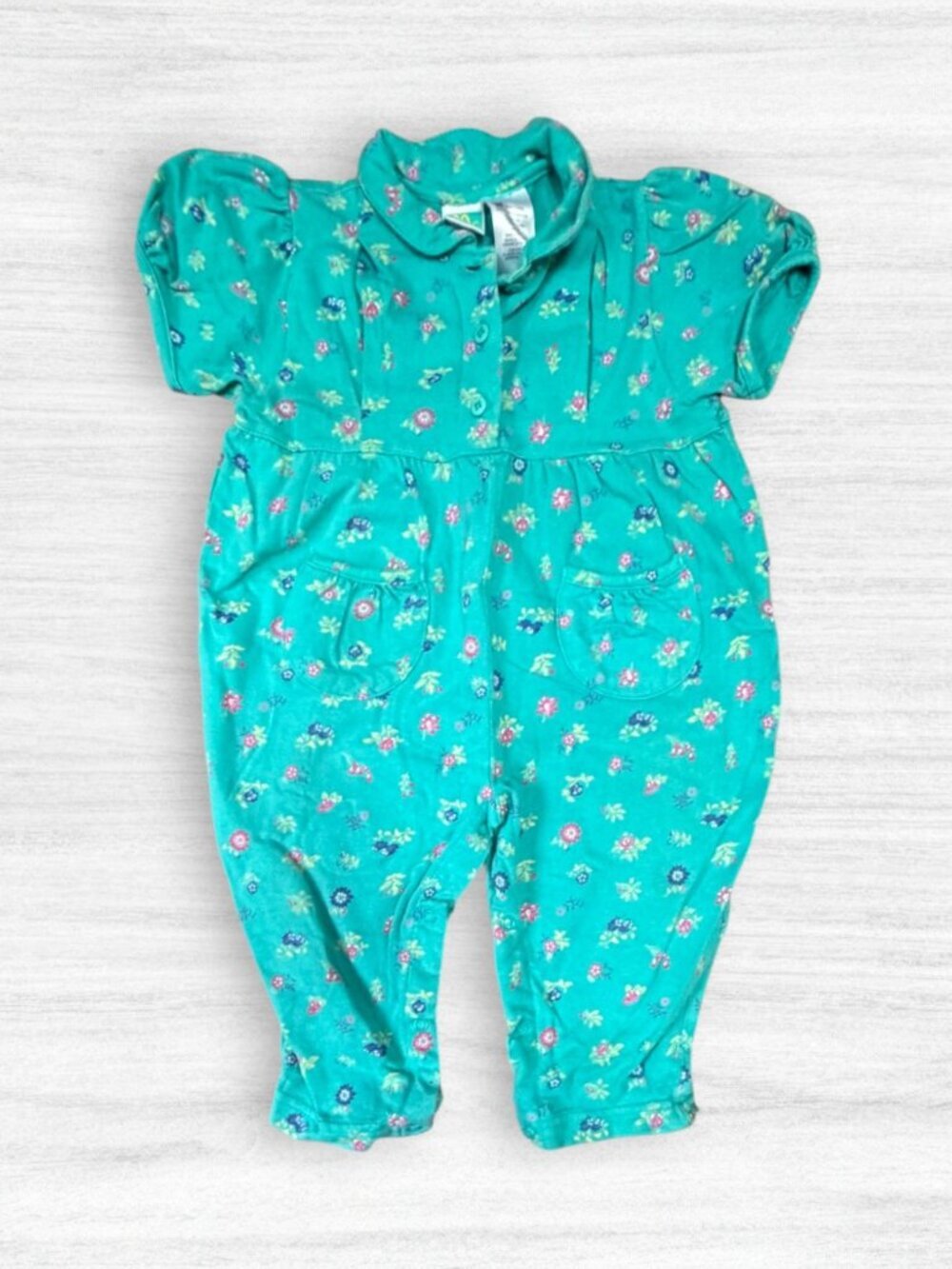 Vintage 90s McBaby Teal Floral Puff Sleeve Romper Peter Pan Collar 18M